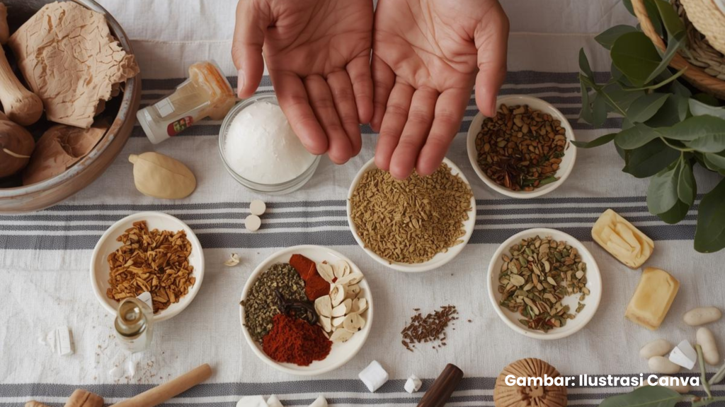 Ilustrasi bahan obat tradisional yang digunakan oleh penyehat tradisional terdaftar (STPT). (Gambar: Canva)